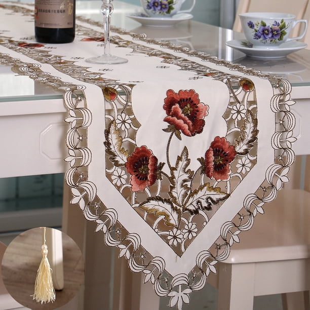 QPENWEI Camino de mesa con flores bordadas, clásico encaje floral beige, bufandas para tocador, para bodas, fiestas, hoteles, restaurantes, cocinas, mesas de comedor, cenas, decoración del hogar, flor