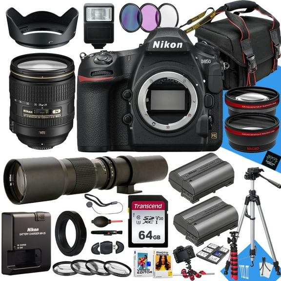 Nikon D850 DSLR Camera with AF-S 24-120mm f/4G ED VR Lens And 500mm Lens   64GB Memory   Extra Battery   Slave Flash   Filters   Tripod   More (33pc Bundle)