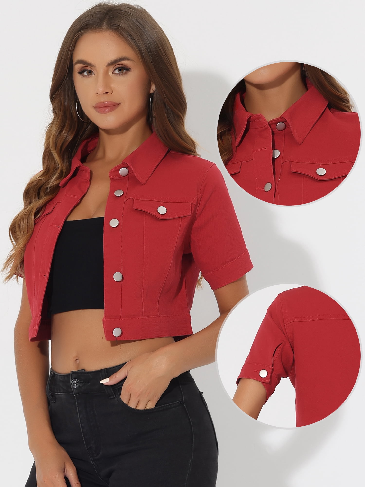 DARING DIVA Women's Short Sleeves Crop Button Down Denim Jacket M Burgundy