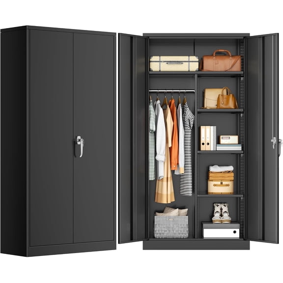 SUNCROWN Metal Wardrobe Closet with Lock, Clothing Locker, 72" H Storage Cabinets for Home Office, School, Employee, Gym, Government, Broom (Black)
