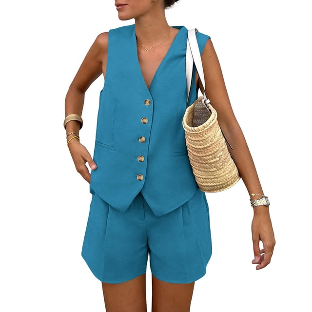 Conjunto de 2 Piezas para Mujer PRETTYGARDEN Chaleco sin Mangas y Shorts Azul Talla L