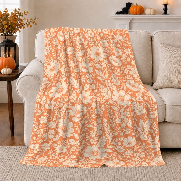 Coral orange ivory flowers vines botanical Flannel Blanket for bedroom reading nook cottage floral Home Decor cheerful vintage garden art Gift for flower lovers