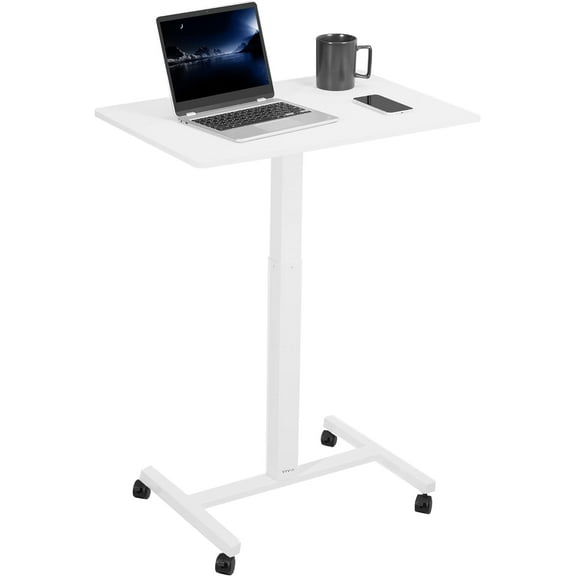 Mobile 28 inch Standing Laptop Cart, Height Adjustable Small Rolling Desk Workstation, Locking Wheels, White, CART-V00LW