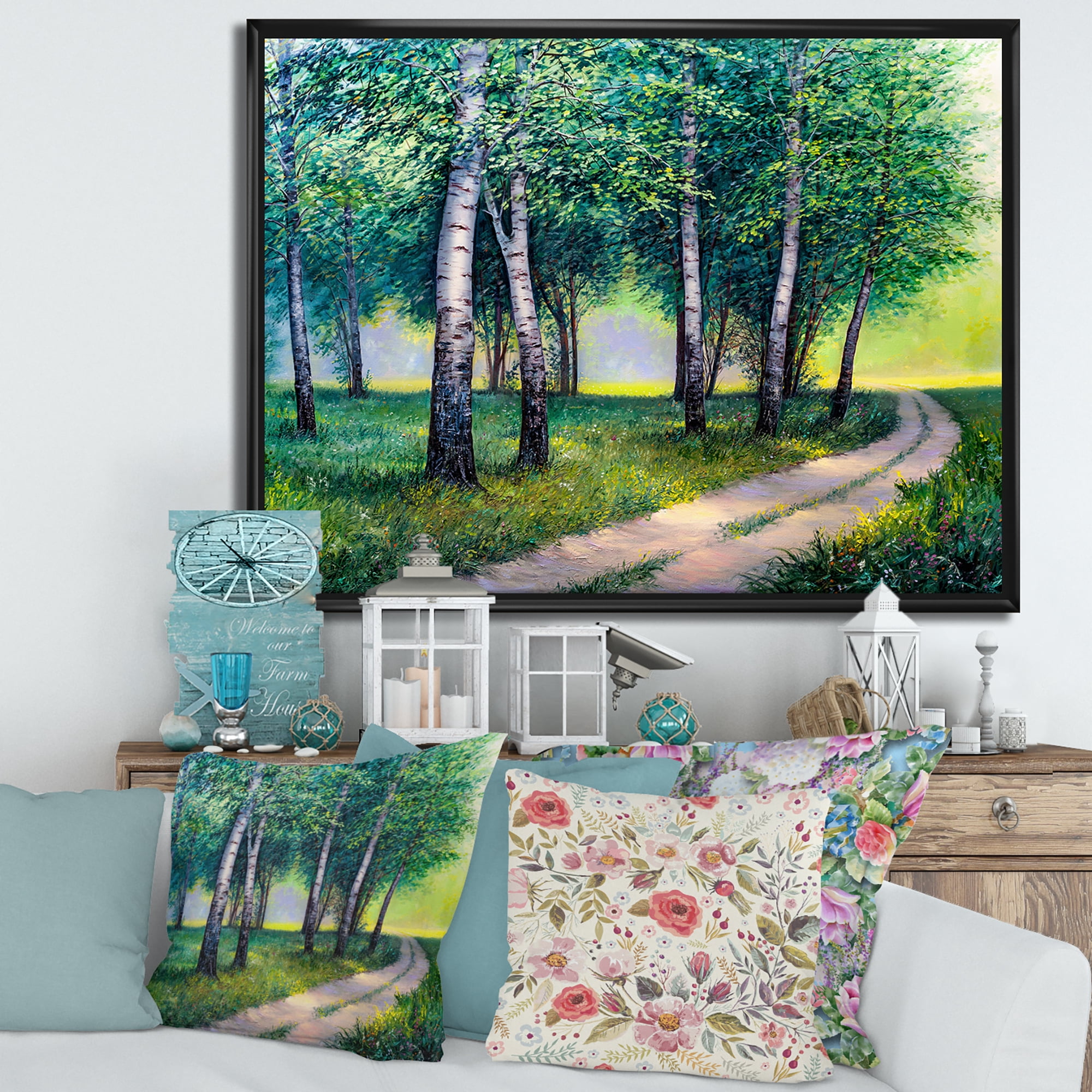 Summer Forest Path By The Birches 20 in x 12 in Framed Painting Canvas Art Print, by Designart