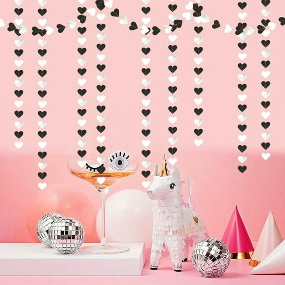 Black White-Silver Party-Decoration Heart Garland - 52ft 21st Men Birthday New Years Eve Hanging Backdrop Streamers,Graduation Engagement Wedding Bachelorette Banner Supplies Decor Lasting Surprise