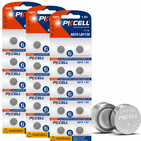PKCELL 30 Pcs LR1130 AG10 LR54 Battery 1.5V Alkaline Button Cell Batteries for Watch