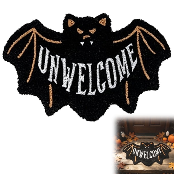 BingTong Bat Shaped Halloween Doormat, UNWELCOME Letter Tufted Plush Floor Rug, Non Slip Absorbent Irregular Black Bat Mat for Front Door Entryway Holiday Decor
