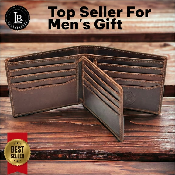 RFID Bifold Leather Wallet For Men with Flip Up ID in Vintage Buffalo Brown