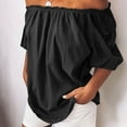 thumbnail image 2 of Linen Off The Shoulder Tops for Women Shirred Neck Half Sleeve Shirts Cotton Linen Beach Tops Flowy Relaxed Tunics Blouses Summer Going Out Beach Vacation Clothes, 2 of 6