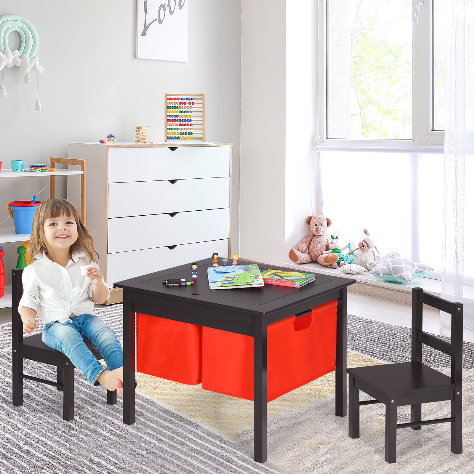 Infans 2-in-1 Kids Activity Table & 2 Chairs Set w/Storage Building Block Table