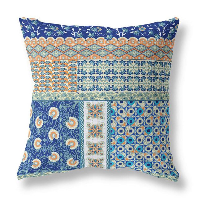 Flower Castle Patchwork Indoor/Outdoor Fabric Pillow with Zip -Blue Orange 20x20