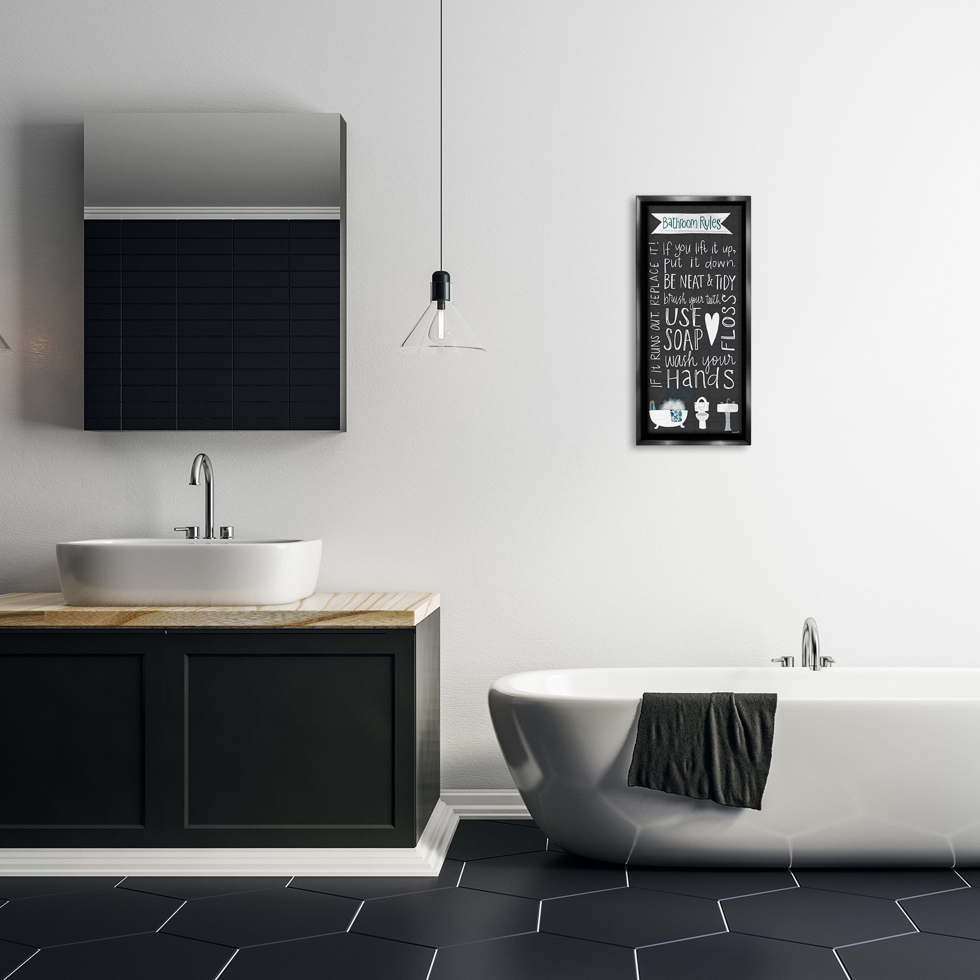Stupell Industries Whimsical Bathroom Rules Sign Typography Painting Black Floater Framed Canvas Art Print Wall Art, 11 x 25