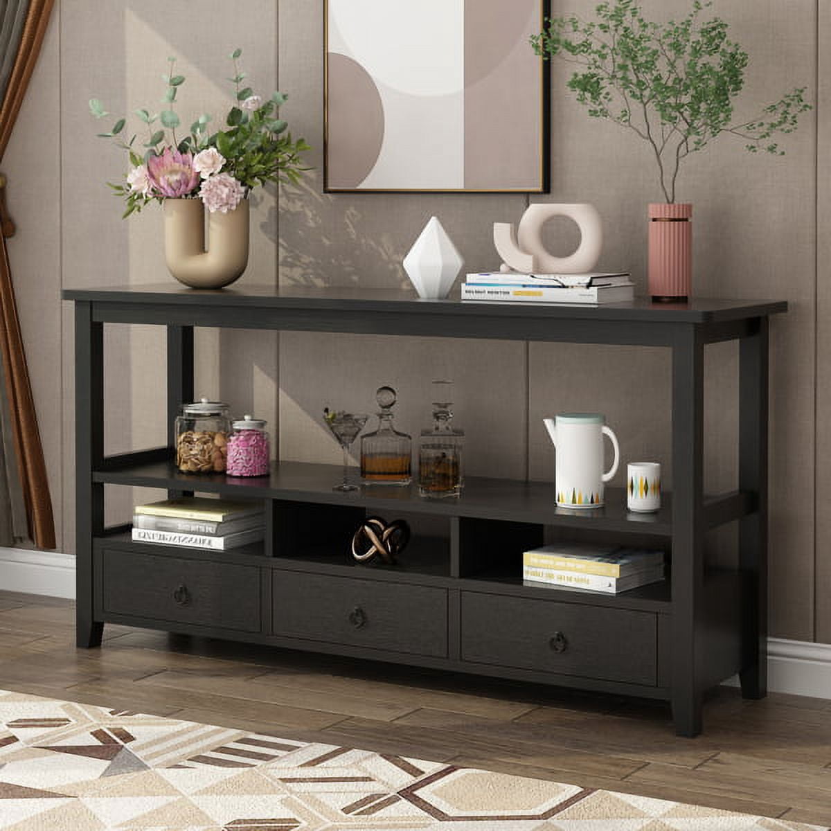 Vintage Black Console Table, 57.9" Sofa Table with 4 Drawers & Open Shelf, 200lb Capacity for Entryway, Living Room Behind Couch, Bedroom