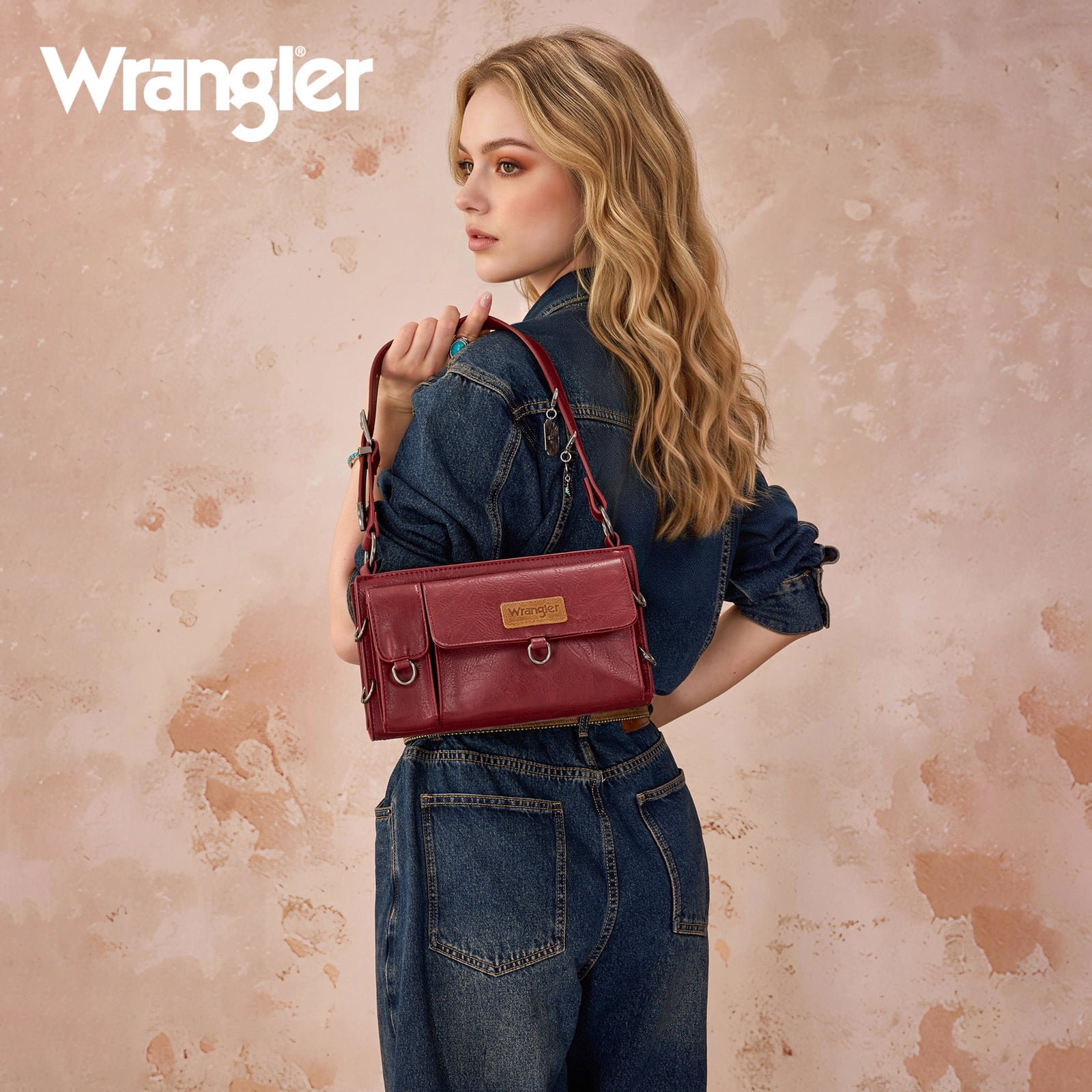 Wrangler Y2K Purse Small Shoulder Bag for Women Stylish Western Design with Detachable Charms Multiple Pockets, Burgundy