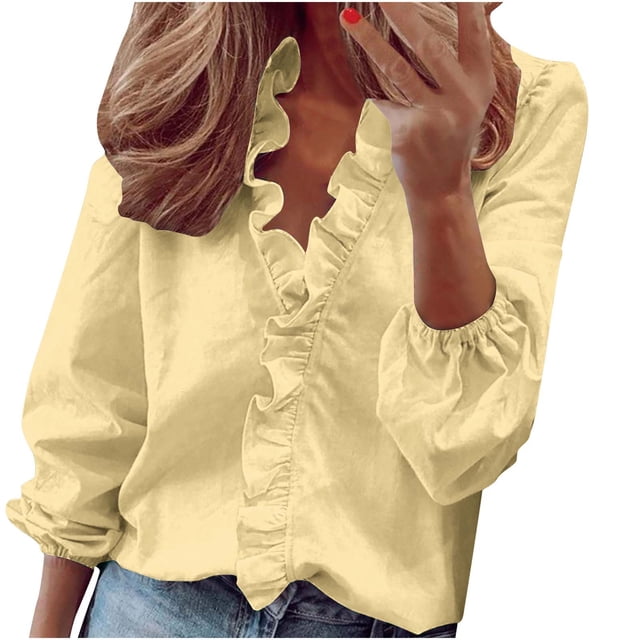 Penkiiy Women’s V Neck Ruffle Front Ruffle Long Sleeve Blouse Top Shirt S Beige