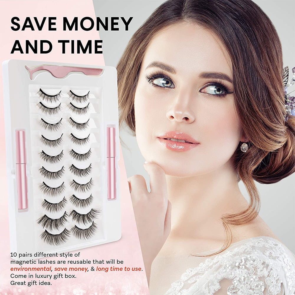 Myriann 10 Pairs Magnetic False Eyelashes 2 Eyeliner liquid Easy Wear Lashes Set