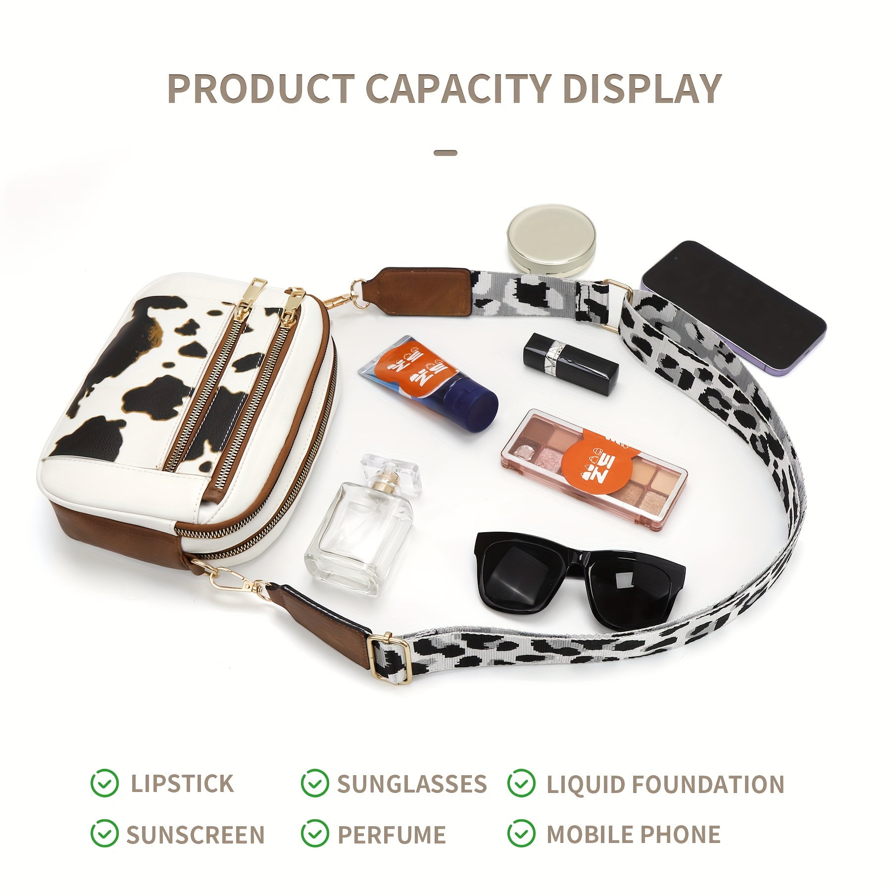 SPEKSEE Women's Casual Cow Print Crossbody Purse - Adjustable Wide Shoulder Strap, Lightweight, Zipper Closure, Square Wallet, Vegan PU Material, Casual Accessory| Adjustable Strap Bag