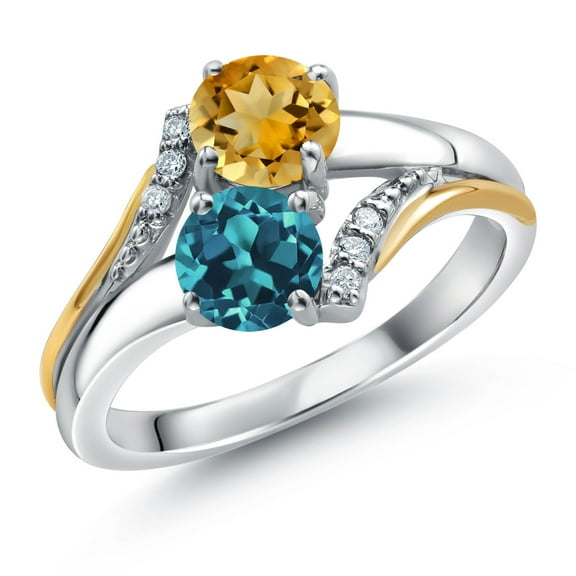 10K Yellow Gold and 925 Silver London Blue Topaz and Yellow Citrine and White Lab Grown Diamond Accent Engagement Ring for Women (1.45 Cttw, Gemstone November Birthstone, Round 5MM, Size 5)