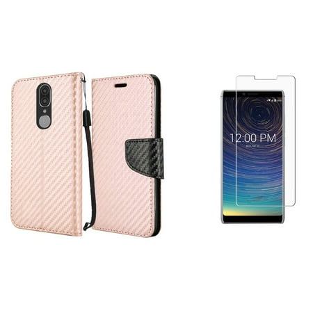 Bemz Bling Wallet Compatible with Coolpad Legacy (2019) Case PU Leather ID Window Card/Money Holder Magnetic Flip Cover (Carbon Fiber Rose Gold), Tempered Glass Screen Protector and Atom (Best Phone For Money 2019)