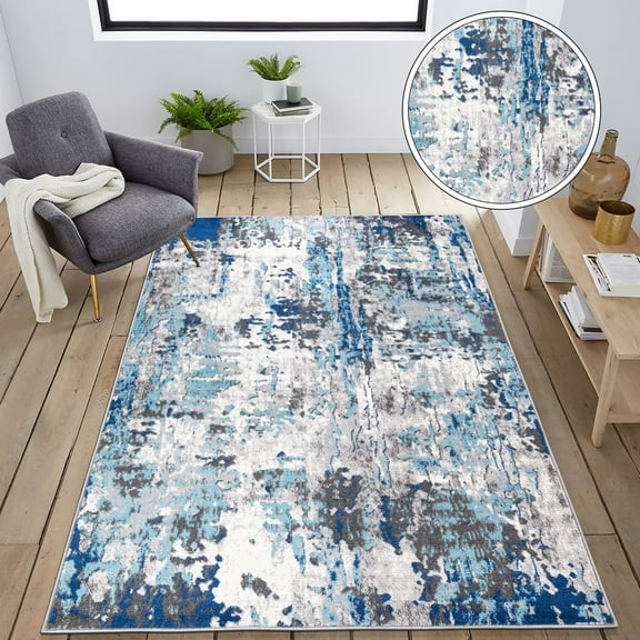 World Rug Gallery Distressed Modern Abstract Area Rug - Blue 5' x 7'
