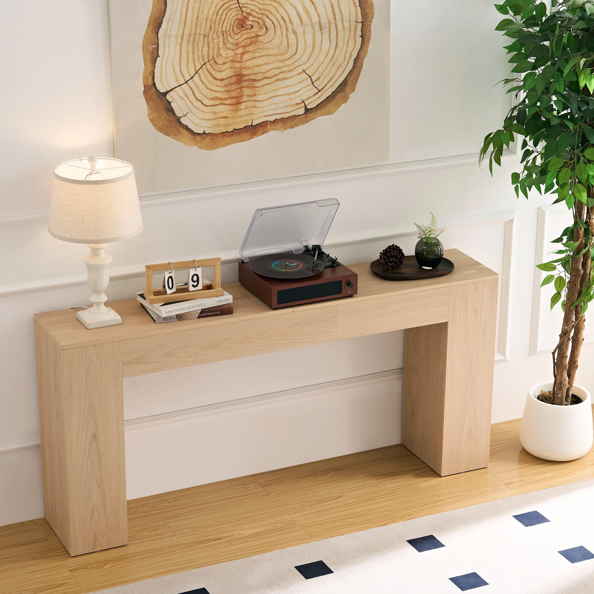 AENKYO 63" Farmhouse Console Table, Extra Long Sofa Table for Entryway and Living Room, Rustic Wood Finish, Light Oak
