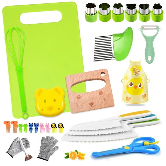 Meafeng Kids Knife Set - 28PCS Kids Safe Knife for Real Cooking, Toddlers Plastic Kitchen Tools for 3-10 Years Old Boys and Girls