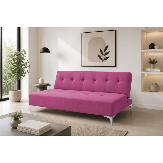 sofá cama el bazar store reclinable vegas terciopelo rosa 3 posiciones 75 cm altura 170 cm largo 80 cm profundidad, frontal centrado de sofá cama rosa terciopelo con respaldo capitoné y asiento con botones, patas metálicas inclinadas y silueta rectangular en sala minimalista junto a ventana; a menudo se usa también como sofá adicional en habitaciones de visita.