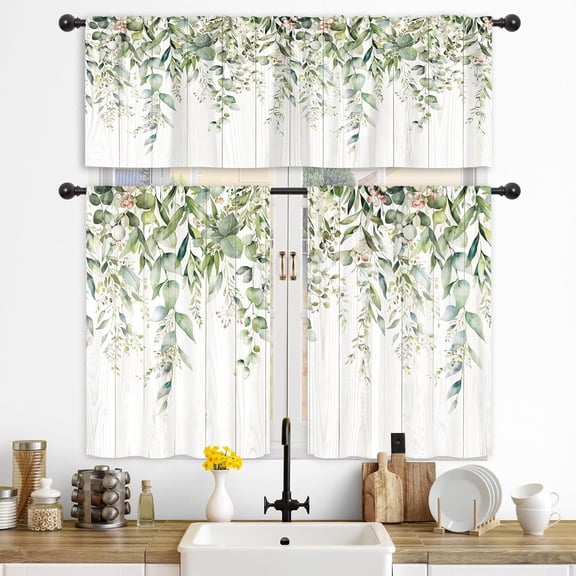 Kitchen Curtains and Valances 3 Piece Set Rod Pocket 36 Inch Short Eucalyptus Leaves Plants Bathroom Bedroom Living Room Treatment Fabric