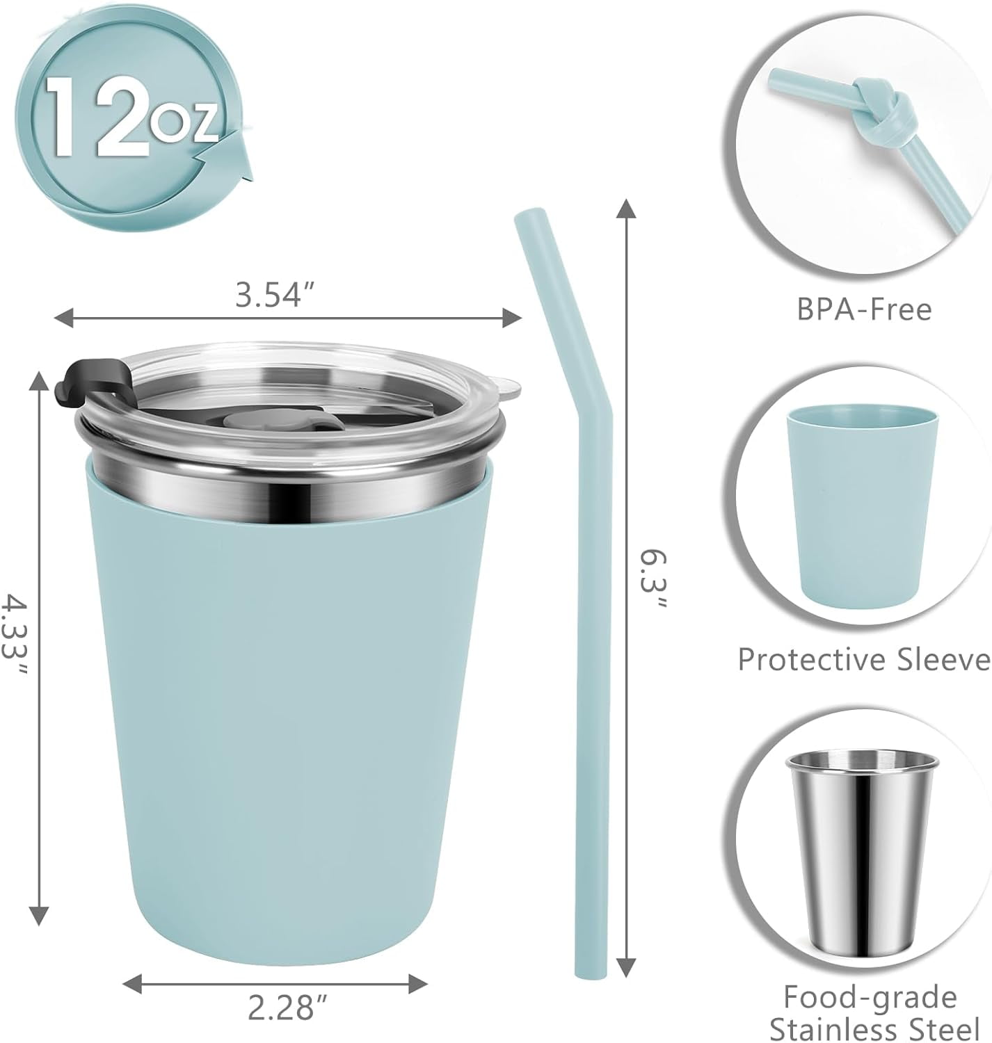 Kids Cups with Straws and Lids, 5 Pack 12oz Spill Proof Toddlers Straw Cup with Lid, Stainless Steel Kid Cups with Lid for School, Outdoor, Multicolor
