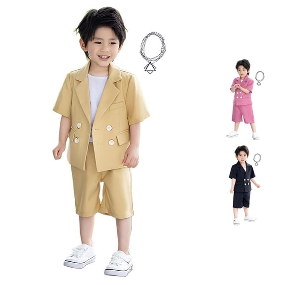 WhouRiu Boys Formal Outfits Kids Short Sleeve Suit Jacket Shorts And Necklace Sets Summer Clothes