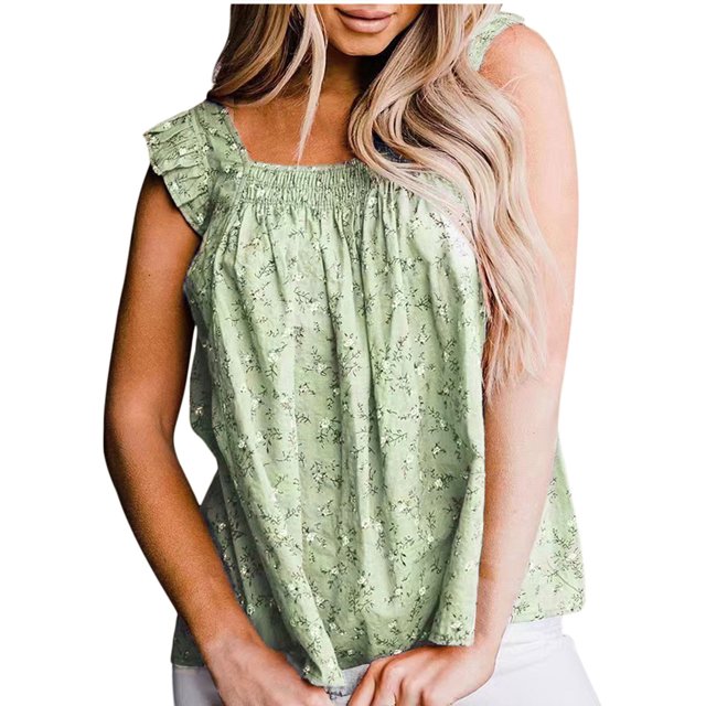 Camiseta sin mangas suelta de verano para mujer con cuello cuadrado y volantes florales Pompotops qwe25051