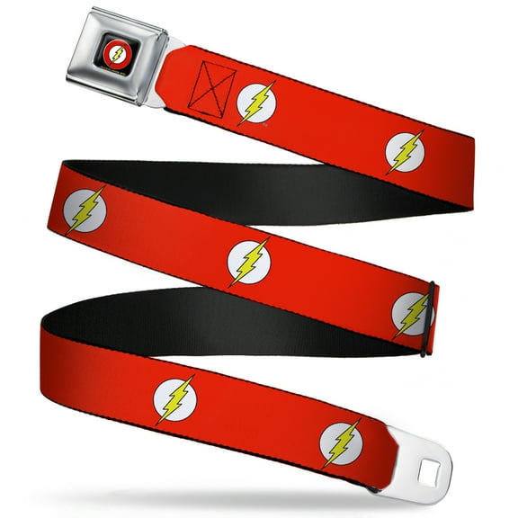 DC Comics Belt, Seatbelt Buckle Belt, Flash Logo Red White Yellow, 30 to 44 Inches
