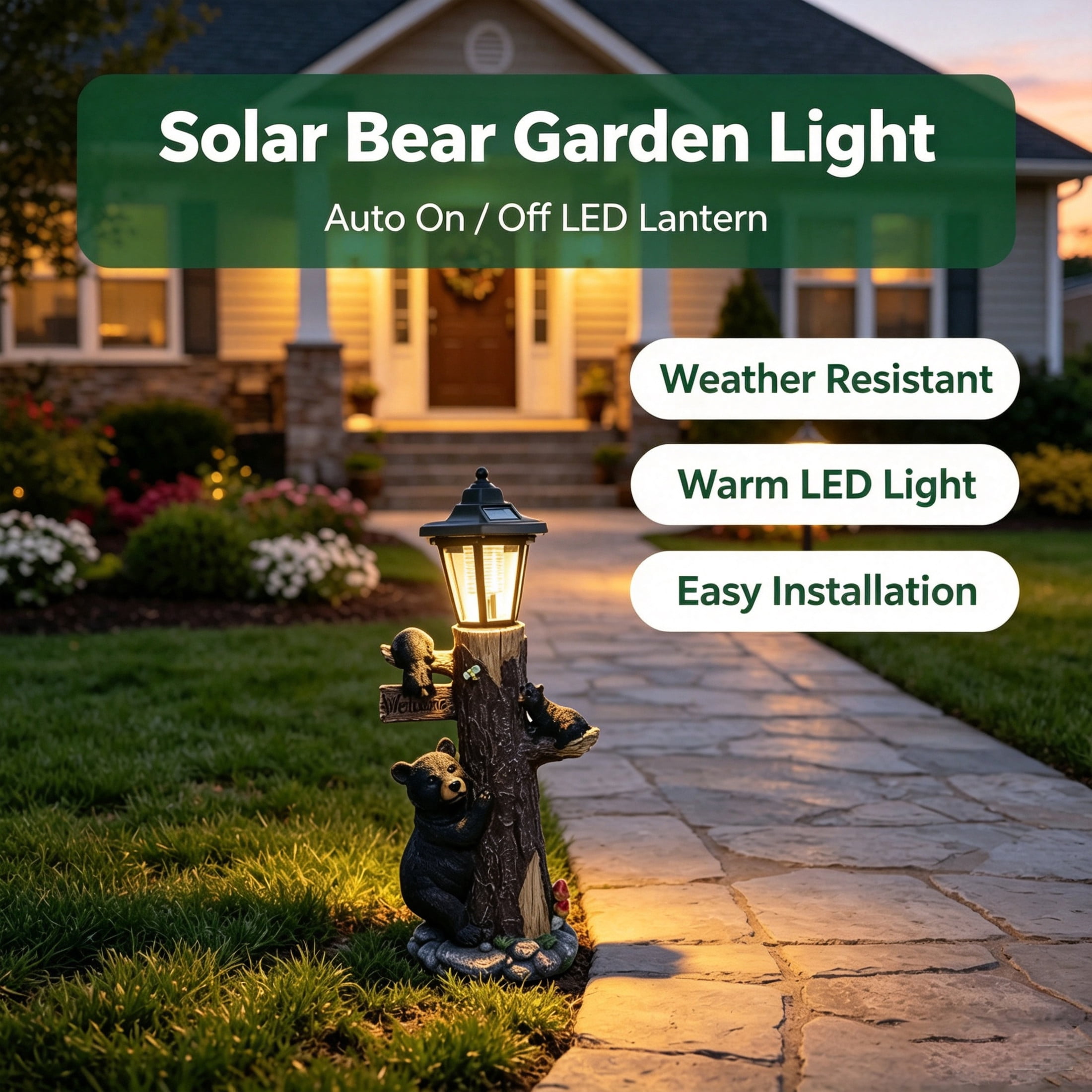 GDF Studio 18" Bear Family Tree Statue with Solar-Powered Light and Welcome Sign for Courtyard, Garden and Patio, Black