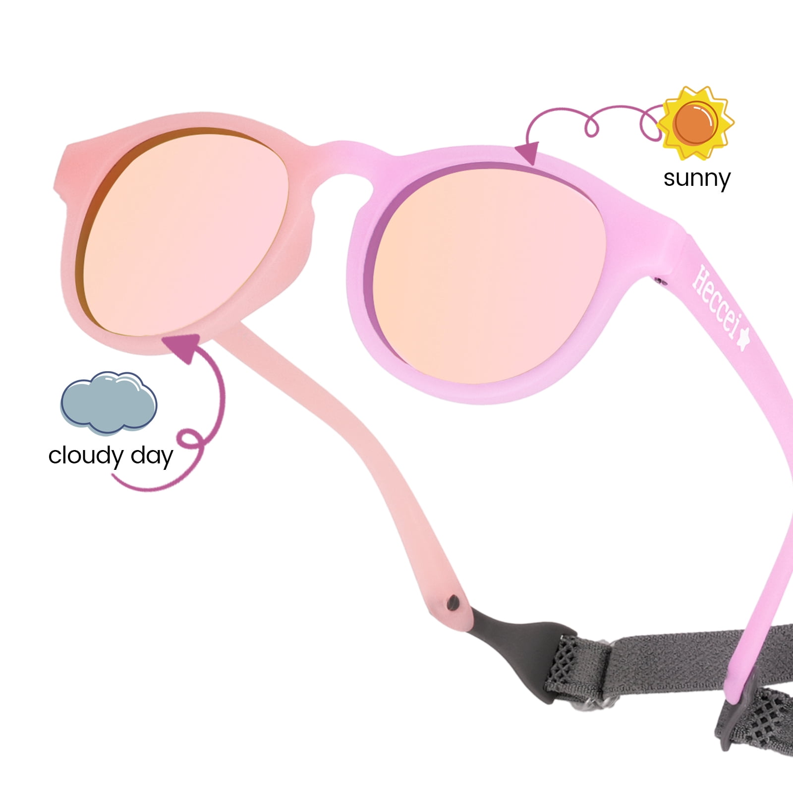 HECCEI Pebblie Baby Sunglasses with Strap - UV400 Polarized Sunglasses, Ages 0-2 Pink