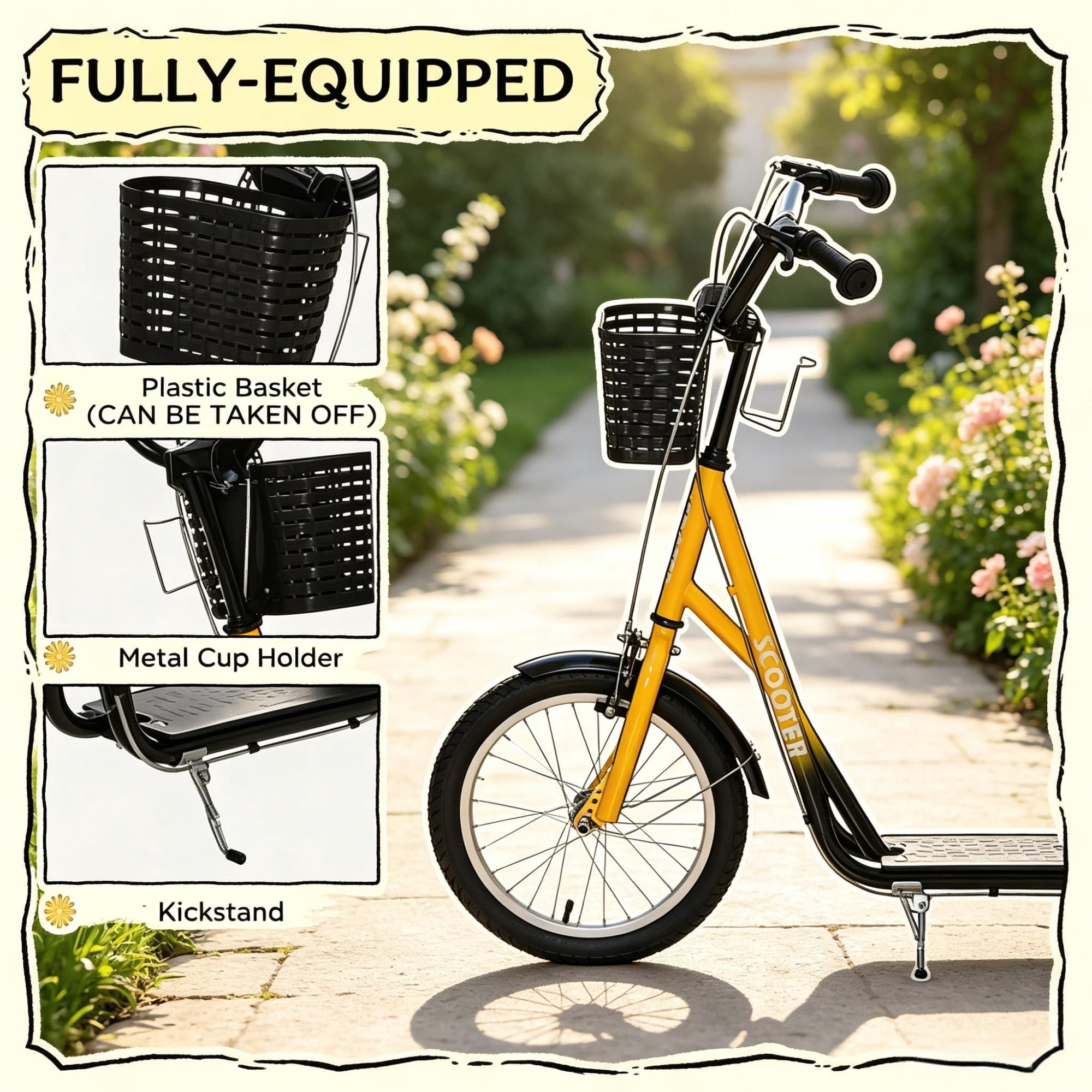 16" Inflatable Youth Scooter, Kick Scooter with Adjustable Handlebars, Double Brakes, Front Basket and Cupholder, Orange