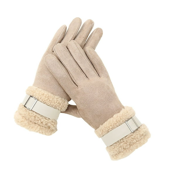 Womens Gloves Fall Double Thickened Cycling Windproof Suede Leather Buckle Winter Gloves