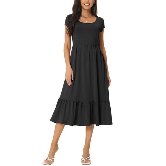 INSPIRE CHIC Women's Casual Tiered Dress with Pockets Round Neck Ruffle Hem Short Cap Sleeve Knit Midi Dress Black S