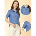 thumbnail image 2 of Unique Bargains Chemise en Denim Chambray à Manches Courtes pour Femmes Bleu Profond L, 2 of 5