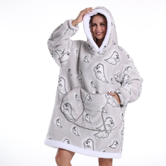 Cute Ghost Halloween Wearable Blanket Hoodie with Giant Pocket, Extra Soft Sherpa Flannel Fleece Thick Warm & Cozy Oversized Sweatshirt Blanket Jacket Winter Sweater with Sleeves