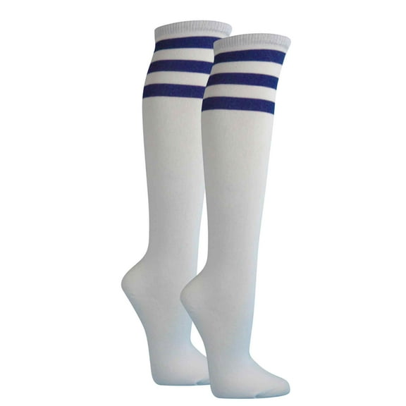Couver Women's White Triple Striped Knee High Fashion Tube Cotton Socks, Whtie / Blue