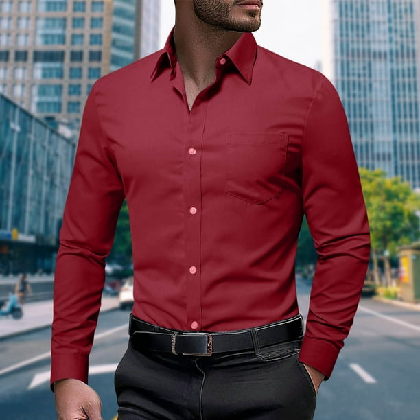pstuiky Camisas de manga larga de invierno para hombre, Camisa informal de manga larga con solapa y botones en color liso para hombre, estilo ejecutivo. Tops casuales para hombres s