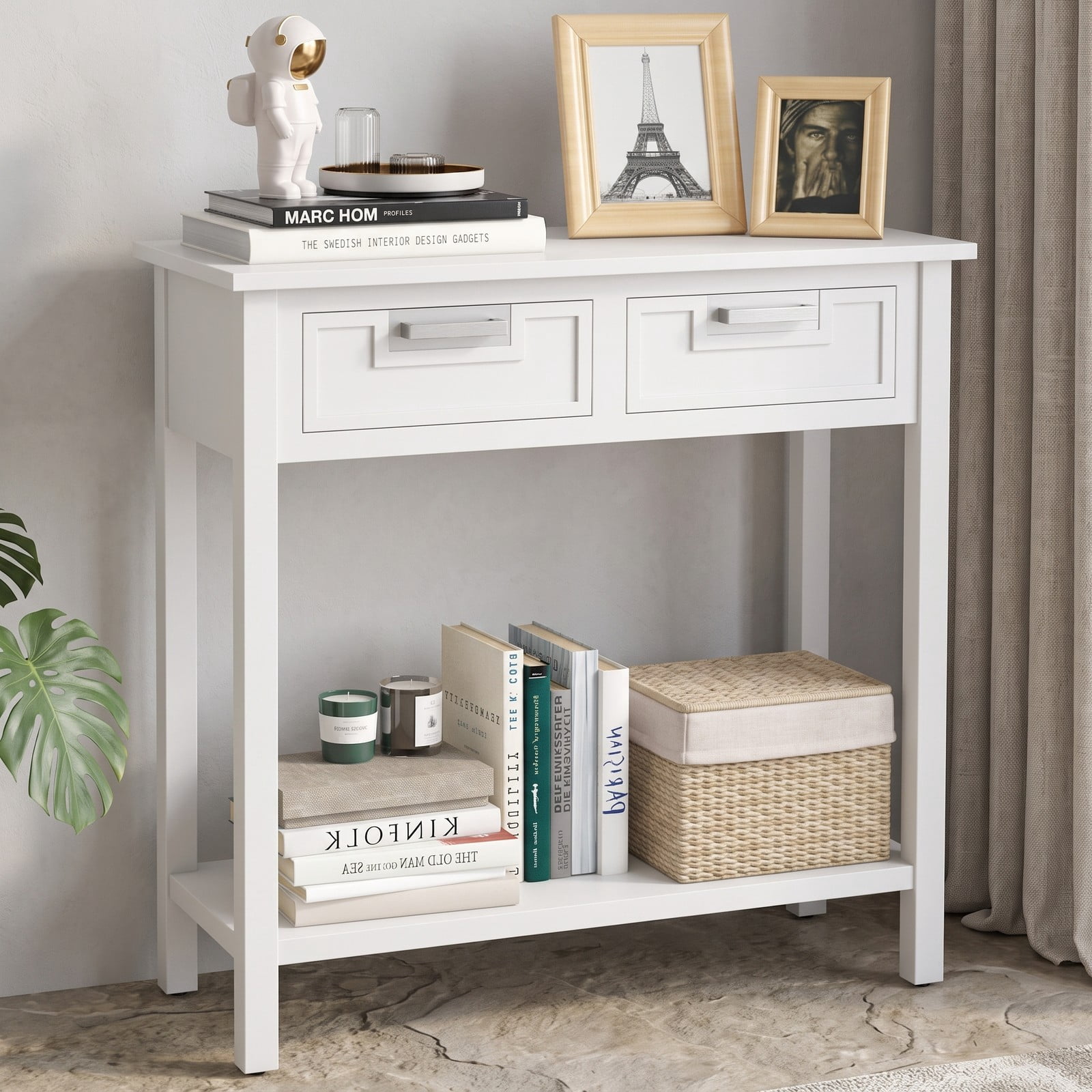 Furnibear Narrow Console Table with 2 Drawers and Open Storage Shelf and Solid Wood Legs for Small Entryway and Foyer, White