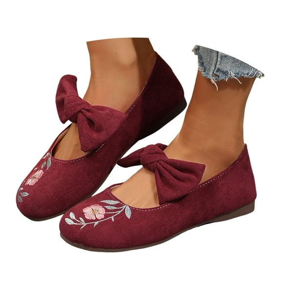 Mostsola Mary Jane Shoes Women Suede Embroidery Floral Dressy Bowknot Slip on Ballet Flats Shoes