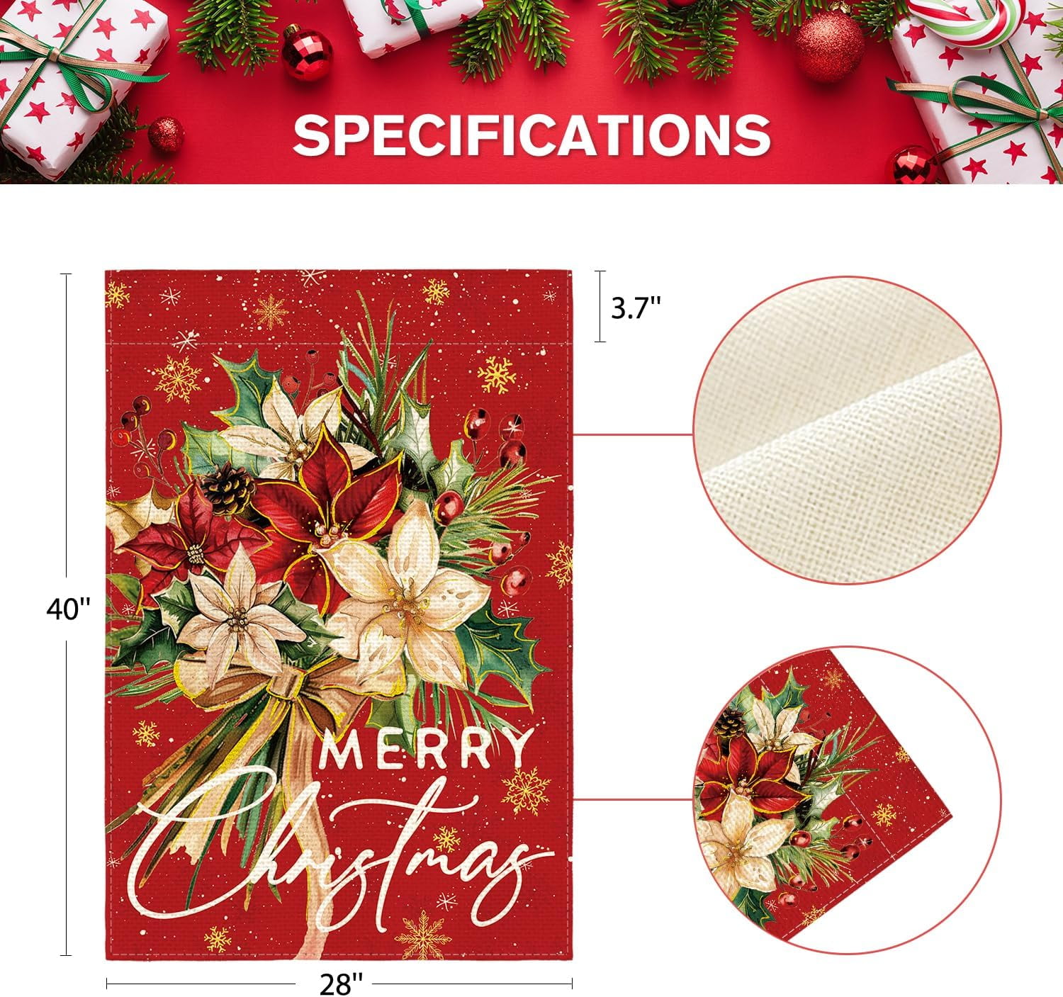 Lanola Floral Merry Christmas House Flag 28x40 Inch Double Sided Outside, Christmas Flowers Winter Holiday Yard Outdoor Decorative Flag