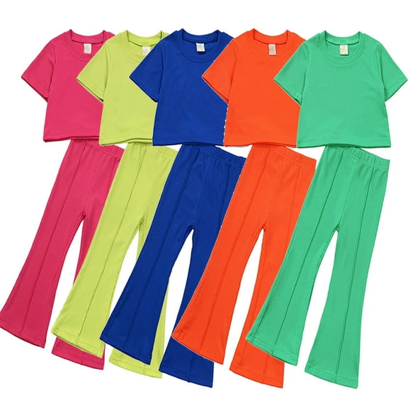 1-10T Girl's 2PCS Outfits Soild Tops Short Sleeve T-Shirt Tee and Pants Bell Bottom Flared Pants Sets