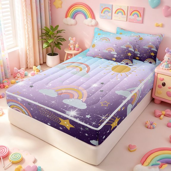 Manfei Kawaii Rainbow Zipper Twin Comforter Sets with Fitted Sheet and 2 Pillowcases, Bling Stars Galaxy Print Zipper Bedding Set, Blue Purple, Stars Reversible, 4-Piece
