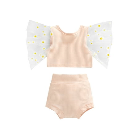 

Musuos 2 Pieces Baby Girls Summer Outfit Patchwork Flare Sleeve U-Neck Crop Tops + Ribbed Pantie Set for Toddlers 3-24 Months