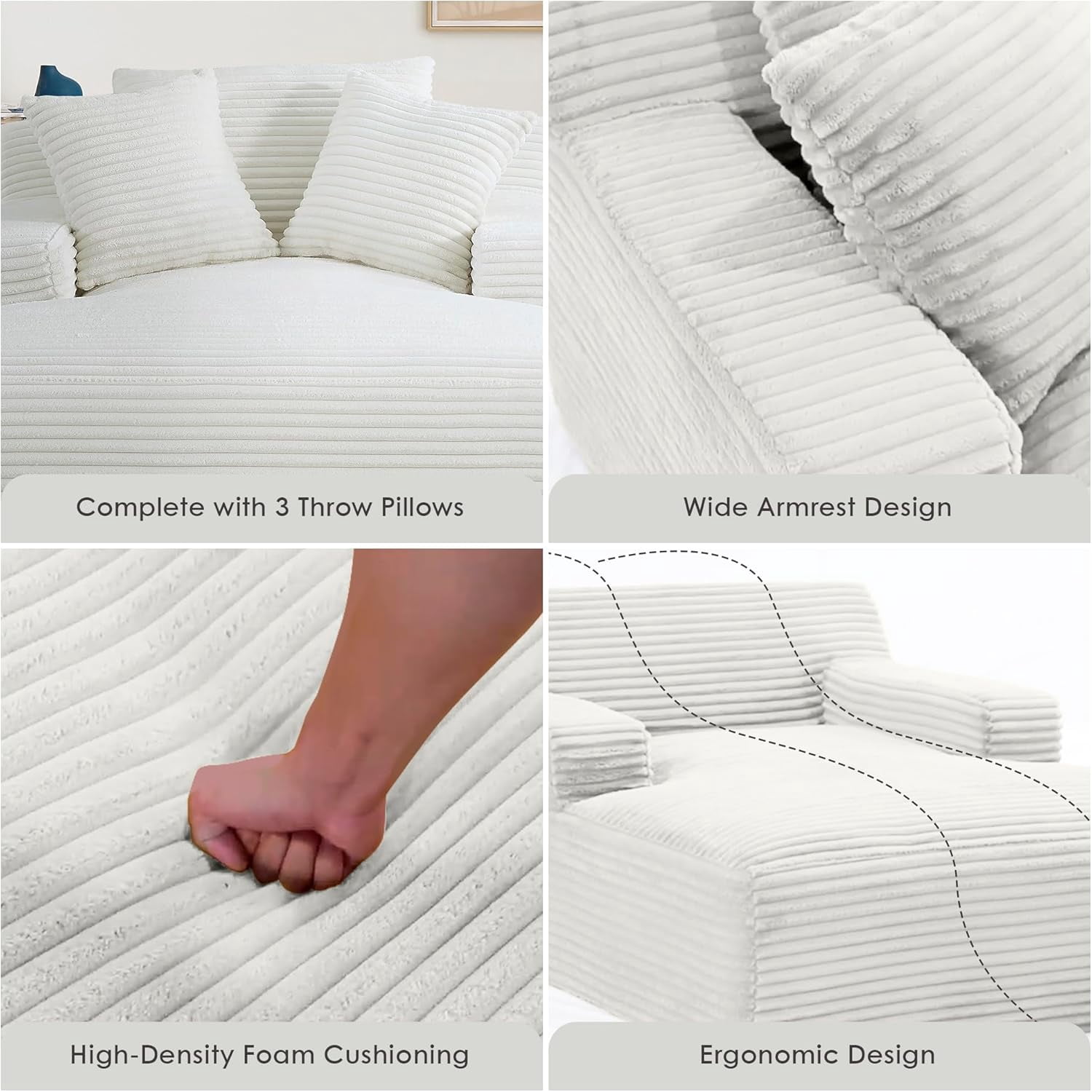 US Pride Furniture Oversized Cozy Corduroy, Foam Comfy Couch with 3 Throw Pillows, No Assembly Sleeper Sofabed for Living Room or Bedroom, Ivory