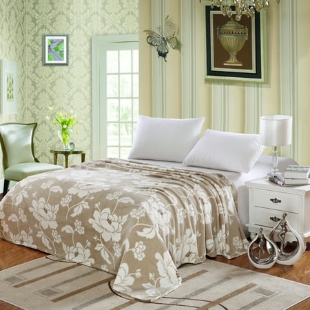 - Soft Micro Plush Madison Blanket, Throw Blanket, Floral Printed (Full, Beige)