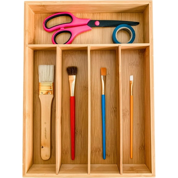 Organic Bamboo Drawer Organizer, 5-Compartment Cutlery and Utensil Tray for Kitchen, Bathroom, or Office
